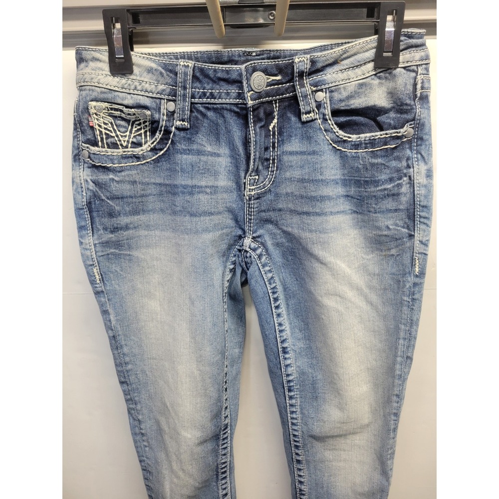 VIGOSS Women's Capri Jeans Blue Wash Heritage Fit Embellished Pockets Size S4